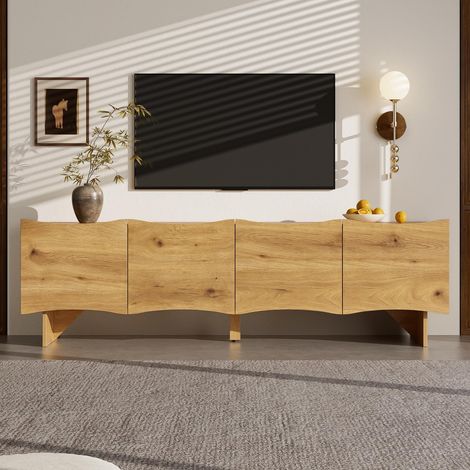 Meuble TV 155 cm, Tableau TV avec quatre portes de rangement , aspect bois, motif ondulé, idéal pour le salon et la chambre, Naturel (1/5)