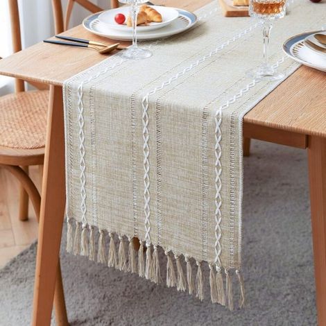 Rustikaler Tischläufer aus Leinen mit handgefertigter Quaste, Landhausstil, 183 cm lang, für Partys und Esszimmerdekoration, 33 x 183 cm (braun, 183 x 33 cm) (1/5)