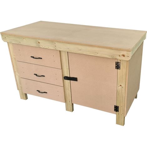 Wooden MDF top workbench, tool cabinet with lockable cupboard (V.3) (H-90cm, D-70cm, L-120cm) double shelf (1/5)