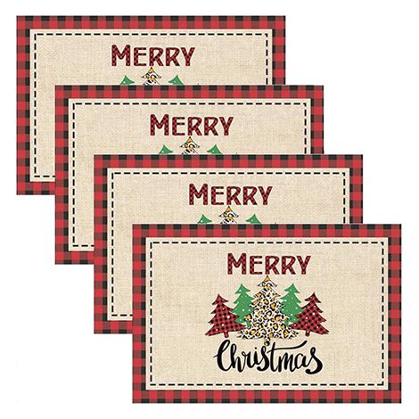 4 Kits de Set de Table Noël 30x45cm, Dessous de Table Noël en Lin, Dessous Assiette Noël Rectangulaire (1/4)
