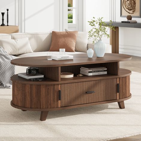 Ovaler Couchtisch mit Stauraum, 100 x 50 x 40 cm, MDF und Spanplatte, Walnussfarbe, REDOM (1/5)