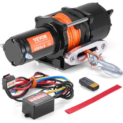 VEVOR Treuil Electrique VTT UTV Capacite de Traction 2041 kg 12 V CC, Corde Synthetique 12 Brins Φ 0,6x1188,7 cm, Guide-cable, Telecommande Sans Fil et Filaire, Etanche IP55, pour Remorquage VTT UTV