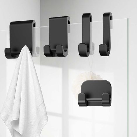 Lot 5 Crochets Serviette Noirs pour Porte Verre Douche Sans Perçage Crochet Simple Double Large Noir Mat Salle de Bain (1/5)