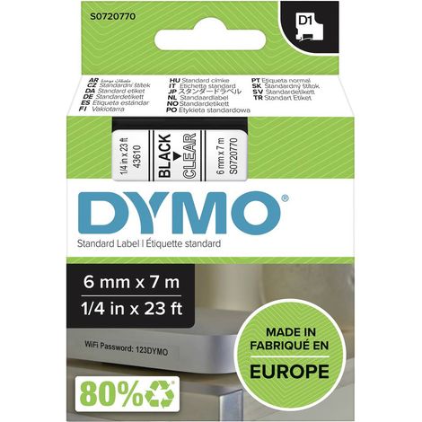 Ruban d'étiquetage DYMO D1 43610 Couleur de ruban: transparent Couleur de police:noir 6 mm 7 m
