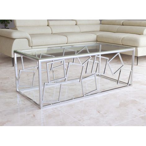 Table basse design en verre et métal argenté rectangulaire ARVI (1/4)