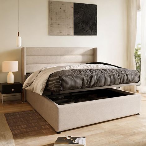 Cadre de lit beige en lin 214,5 x 173,5 x 114 cm (1/5)