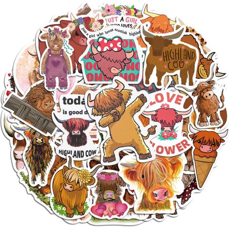 50pcs Autocollants Vache Highlands, Autocollants Mignons en Bétail Autocollants Imperméables pour Bouteille d'Eau en d'Animal pour Enfants Ordinateur Portable Décoration de Scrapbooking (1/5)