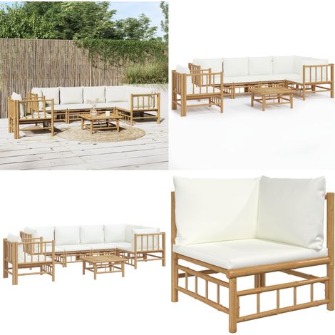 7-tlg. Garten-Lounge-Set mit Cremeweißen Kissen Bambus - Bambus Möbel - Gartenloungeset - Outdoor Möbel - Gartenmöbel - Esstisch - Home & Living (1/5)