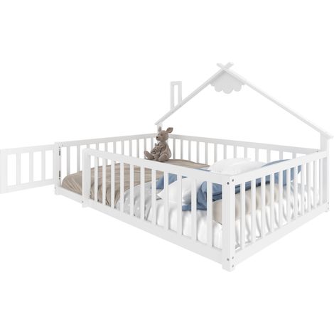 Lit cabane enfant 140x190 cm avec barrière de sécurité et verrou, structure en pin et MDF, blanc, pour chambre cosy - CHICFURN (1/5)