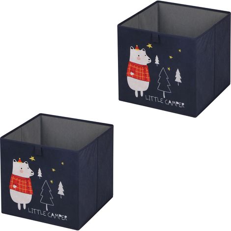 Lot de 2 boîtes de rangement BEAR, en tissu bleu foncé, 32 x 32 x 32 cm (1/4)