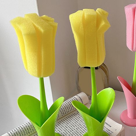 Tulpenförmige Haushaltsbürste, Tassenreinigungswerkzeug, abnehmbarer Schwamm, Bürste mit langem Griff, kreative gelbe tulpenförmige Tassenbürste. (1/5)