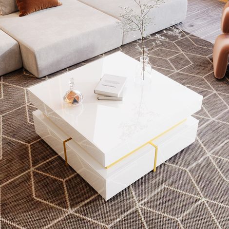 Couchtisch 70 x 70 x 35,5 cm – Moderner quadratischer Couchtisch – mit Schubladen und goldenen Akzenten – Weiß lackiert (1/5)