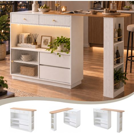 Table à bar extensible avec espace de rangement ,Moderner Table bar mobile, Table debout, Table bistrot ,Table haute , Table bistrot,Grand espace de rangement,Avec bandes LED colorées, rotation à 360° (1/5)