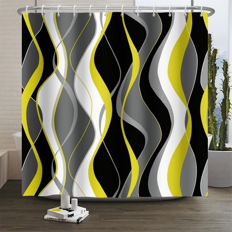 Rideau de Douche à Rayures Rideau de Salle de Bain à Rayures colorées abstraites et Courbes ondulées Blanc Noir Gris Jaune Lavable Imperméable Tissu résistant à la moisissure 180x240cm (1/5)
