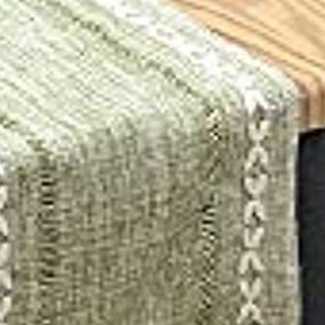Chemin de table rétro élégant en coton et lin tissé à la main avec pompons, idéal pour un mariage ou une réception. Vert croix. (1/5)