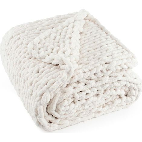 Couverture en Tricot épais Fait Main avec Fil Chenille Doux, 2 kg – Grand nœud en Corde pour canapé, lit, décoration d'intérieur, 127 x 152,4 cm – Blanc crème (1/5)