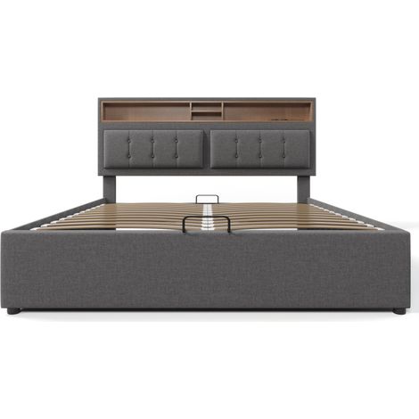 Cama canapé abatible doble 160x200 de lino gris con cabecero ajustable, USB y enchufes HOMVRA (1/5)