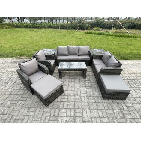 Fimous Polyrattan Gartenmöbelset Rattan Lounge Sofa Set mit Rechteckiger Couchtisch 2 Beistelltischen 2 hohen Hockern Dunkelgrau Gemischt (1/5)