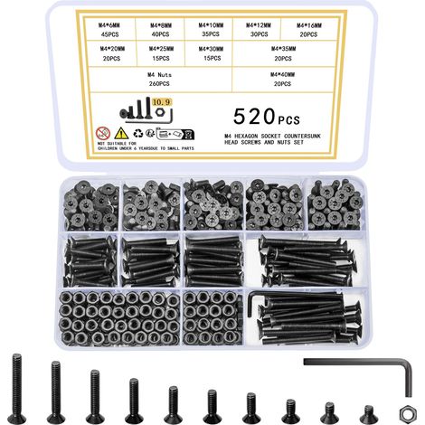 520 Pcs M4 Vis à Tête Fraisée à Six Pans Creux, Vis Boulons et Écrous Kit, Boulons Vis à Tête Creuse Hexagonale, Vis à Tête Plate Hexagonale Assortiment Kit (1/5)