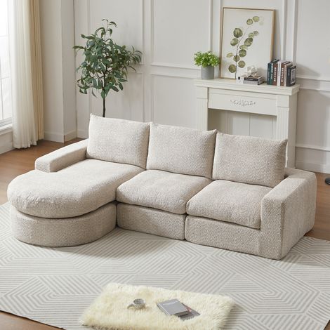 Canapé d'angle modulable 250x160x80 cm en tissu chenille beige, gain de place pour salon FloraGrace (1/5)