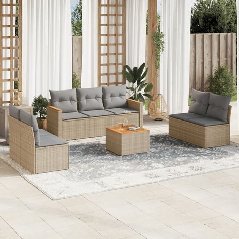8-tlg. Garten-Sofagarnitur mit Kissen Beige Poly Rattan (1/5)