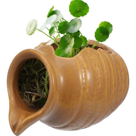 Pot Céramique pour Fontaine à Eau, Cascade Bassin Extérieur et Décoration Aquarium, Vase Hydroponique Relaxant pour Jardin Balcon et Intérieur, Brun Clair 12.4cm (1/5)