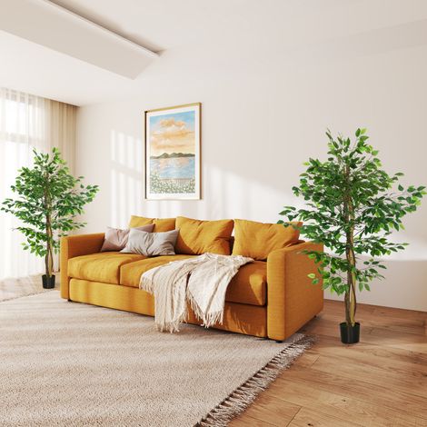 Set di 2 piante di ficus artificiali, alte 1,50 m, con tronco, rami, viticci, licheni e foglie, altamente realistiche, vaso incluso, colore verde. (1/5)