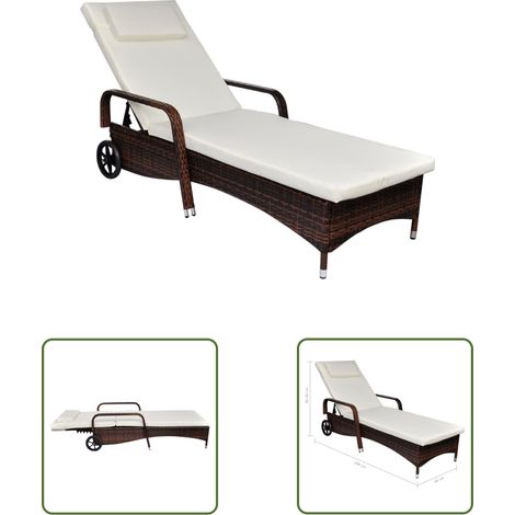 INLIFE Chaise longue avec coussin et roues Résine tressée Marron (1/3)