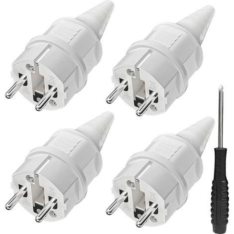 Fiche Schuko avec protection contre le pliage [4 pièces], 4 x fiches de contact de terre en caoutchouc (250 V/16 A) + 1 x tournevis, fiche de prise extérieure, fiche secteur IP44 étanche pour l'extéri (1/5)