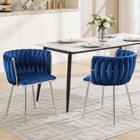 Set di 2 sedie da pranzo in velluto con braccioli, stile moderno, gambe argentate, blu (1/5)