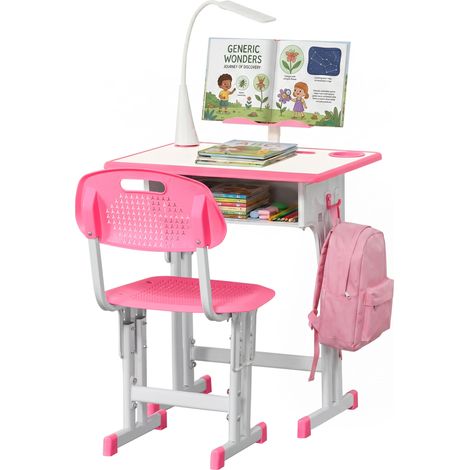 Pupitre escolar regulable en altura para niños de 6 a 12 años, con superficie de escritura y estante, fabricado en acero y MDF, color rosa. (1/5)