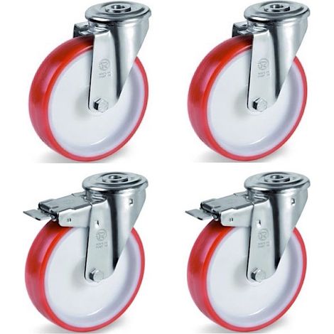 Lot de 4 roulettes à oeil pivotantes et pivotantes à frein polyuréthane rouge 80 mm - 360Kg (1/3)