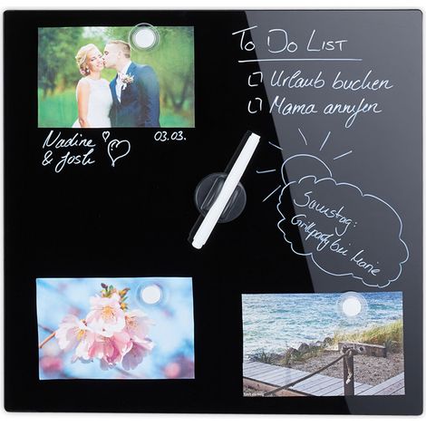 Relaxdays – Tableau magnétique noir 40x40 cm – Panneau d'affichage en verre – 3 aimants, feutre et porte-stylo inclus – Montage mural facile