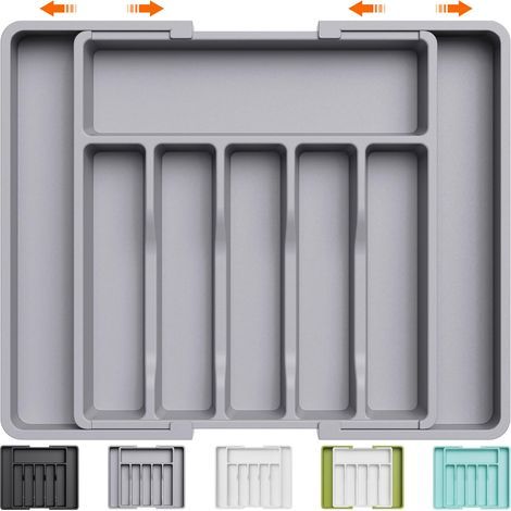 Range Couverts, Plateau d'Ustensiles Extensible pour Tiroir, Organisateur de Tiroir Réglable pour la Cuisine, Rangement Compact en Plastique pour contenir des Cuillères, Fourchettes, Gris