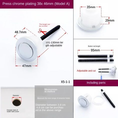 (Bouchon simple chromé) Accessoires pour bouton de couvercle de toilette : bouton simple et double, bouton rond de style ancien, interrupteur universel pour couvercle de réservoir de toilette à l'anci (1/5)