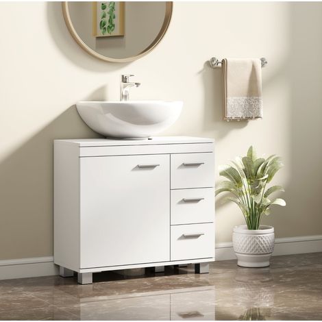 Meuble lave-mains en bois MDF blanc 70 x 30 x 64 cm avec 3 tiroirs, 2 étagères et découpe en U (1/3)