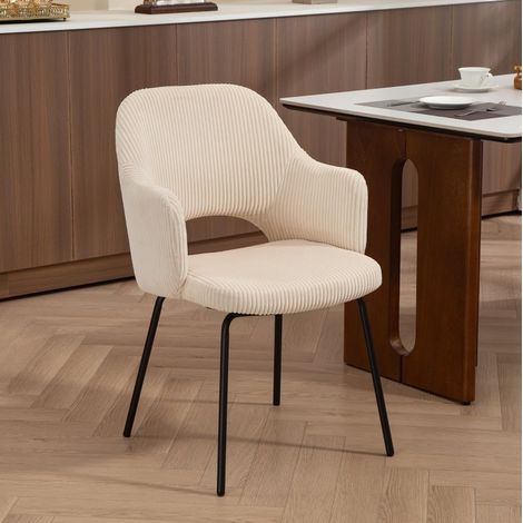 Chaise de salle à manger beige en velours côtelé avec accoudoirs et pieds en acier (1/5)