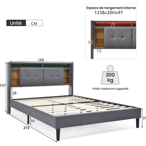 Polsterbett 160 x 200 cm, Doppelbett mit USB, Steckdosen, LED und Kopfteil mit Stauraum, ohne Matratze, Grau (1/4)