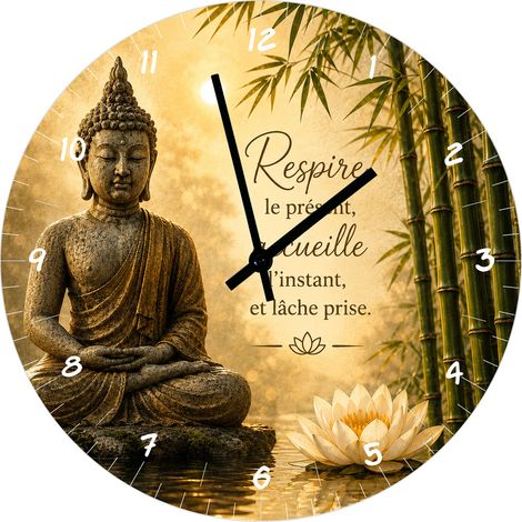 Horloge Bouddha zen bambou et lotus en verre 29 cm (1/2)