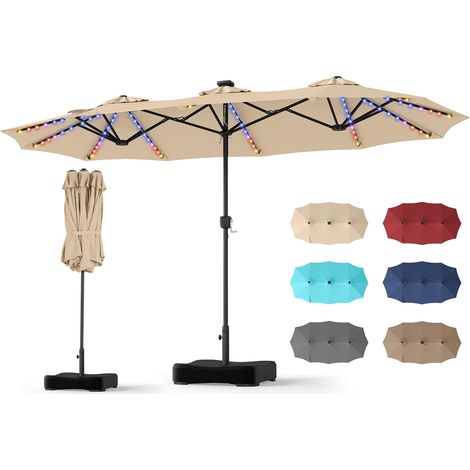 COSTWAY Ombrellone da Giardino Doppio 370 x 220 cm, con 12 Stecche, 108 Luci LED Solari, 12 Modalità, 3 Prese d'Aria, Manovella e Base, Anti-UV, per Spiaggia, Piscina e Cortile (Beige) (1/5)