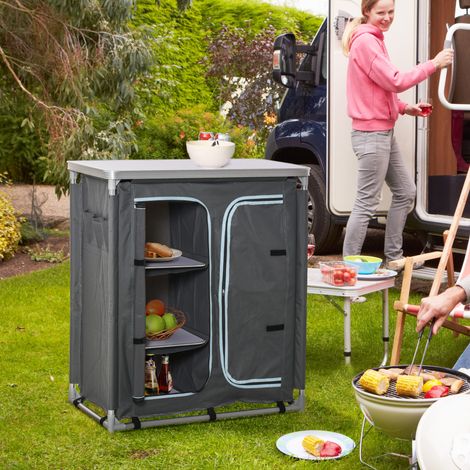2-teilige Campingküche mit 3-stufigem Regal, Aluminium und Stoff, 96 x 49,5 x 104 cm, Grau