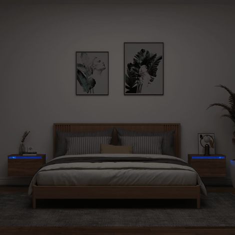 Mesitas de noche de pared con luces LED 2 unidades roble marrón vidaXL