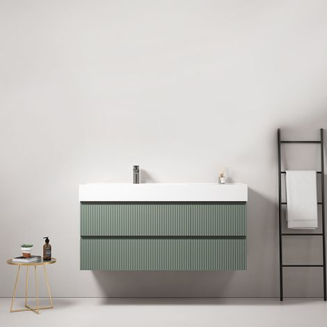 Mobile bagno sospeso cannettato 120 cm Verde Salvia Lavabo a Sinistra in Resina Senza Specchio - Fiji Paint (1/4)