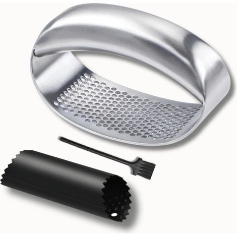 Presse Ail Inox 18/10 à Bascule Solide, Hachoir Manuel en Acier Inoxydable, Pressoir Presse Purée avec Eplucheur Silicone, Coupe Ecrase-Ail Circulaire Innovant Roulette (1/5)