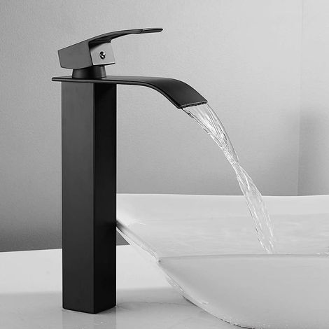 Robinet d'eau chaude et froide de style cascade, robinet de cuisine carré chromé, robinet de cuisine monotrou, lavabo de salle de bain moderne de style chariot (noir, haut). (1/5)