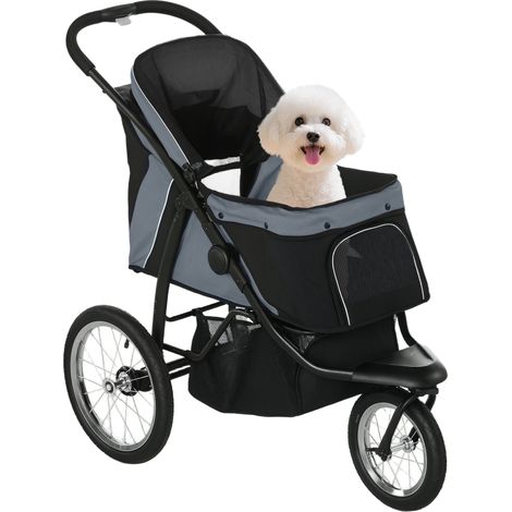 PawHut carrito para perros medianos pequeños con cesta de almacenaje capota ajustable ventana de malla y 3 ruedas grandes 111x58x107 cm gris (1/5)