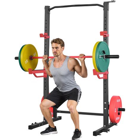 Cage de Musculation Multifonctionnelle, Rack à Squats avec Crochets en J Réglables, Station de Musculation pour Squats Développés Couchés Tractions Gym et Domicile, avec Barres de Sécurité (1/5)