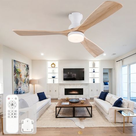 Deckenventilator 52 Zoll mit Licht, Weiß/Naturholz, Massivholzflügel, leiser DC-Motor, Fernbedienung und 3CCT dimmbar (1/5)