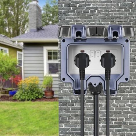 Prise extérieure étanche IP66, double prise de jardin avec cable d'extension de 5 m, indicateur lumineux, tournevis et couvercle à charnière, prise murale de jardin (1/3)