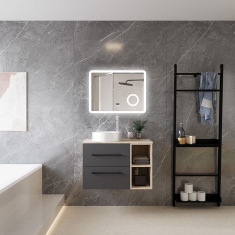 Ocean Ensemble Meuble Salle de Bain 79X46X52cm, avec Lavabo, miroir led tricolore, Suspendu